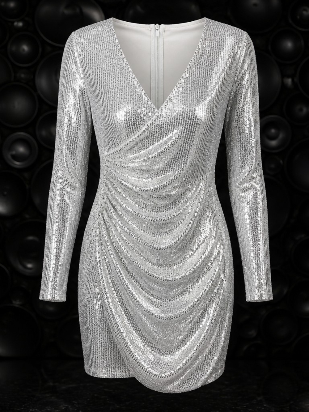 Disco Glamour Silver Sequins Long Sleeve V-Neck Ruched Cocktail Mini Dress 4072